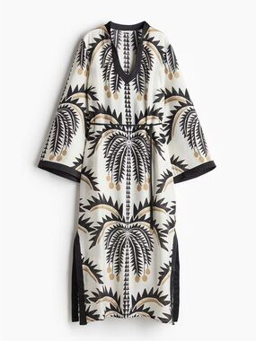 H&M Black, White and Gold Palm-Print Caftan Dress: NWT